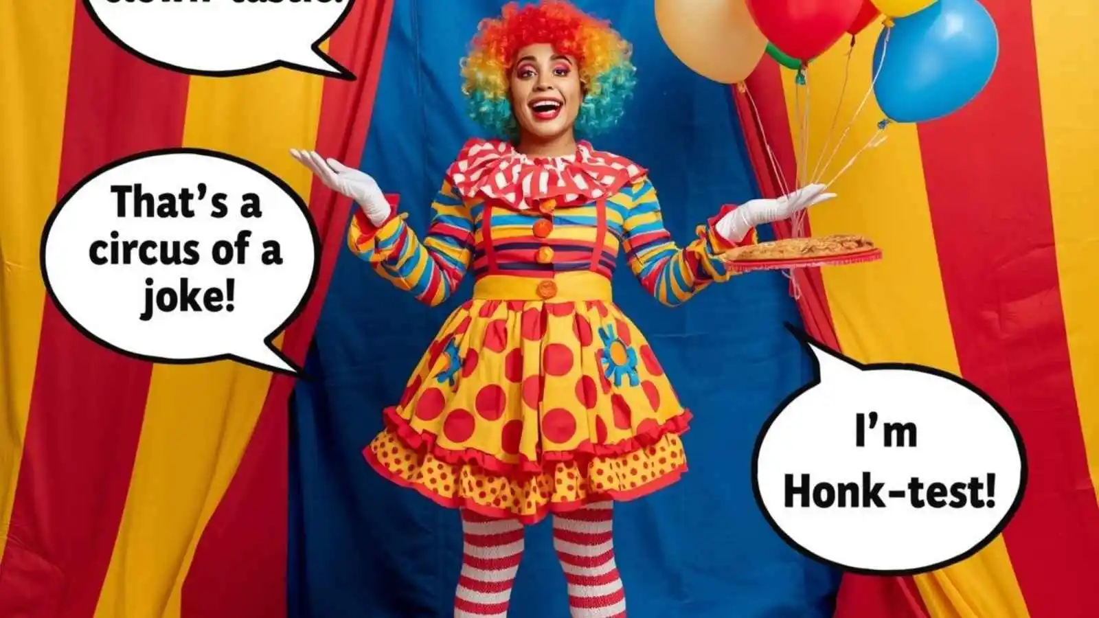 Happy circus clown juggling with hilarious original puns floating in speech bubbles.