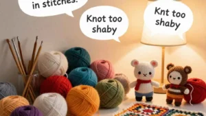 Colorful crochet project with yarn, hooks and funny original puns floating in speech bubbles.