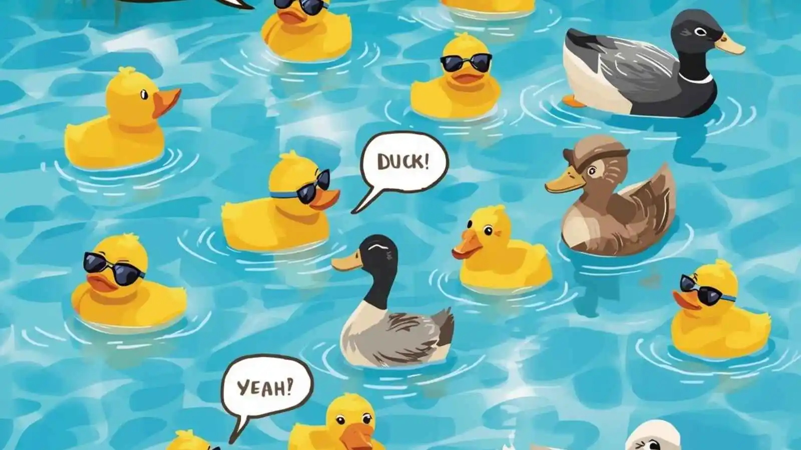 Adorable ducks and rubber ducks swimming with hilarious original puns floating in speech bubbles.