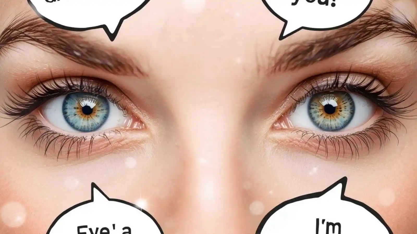 Striking close-up of sparkling eyes with hilarious original puns floating in speech bubbles.