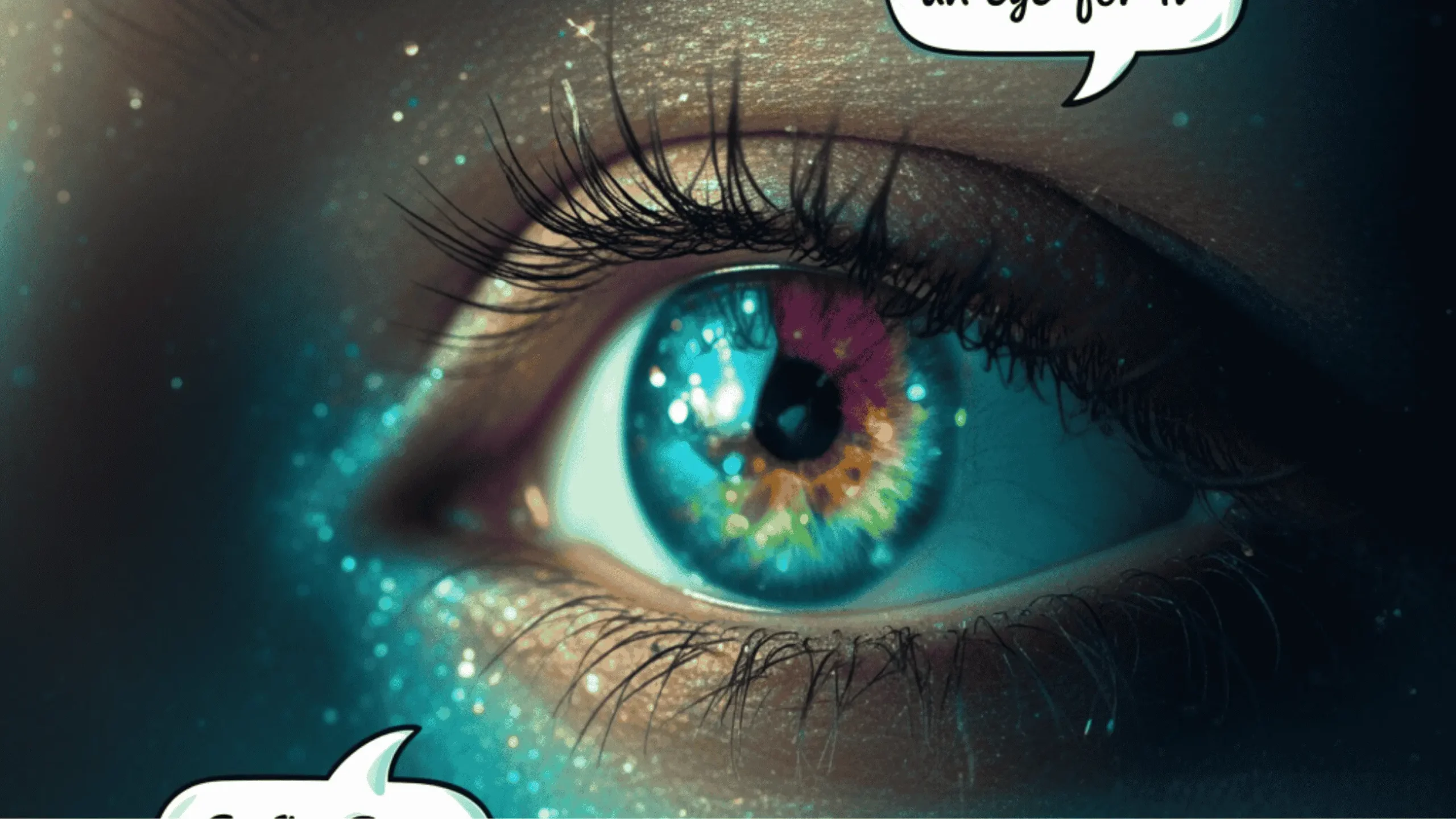 Striking close-up of a beautiful eye with hilarious original puns floating in speech bubbles.