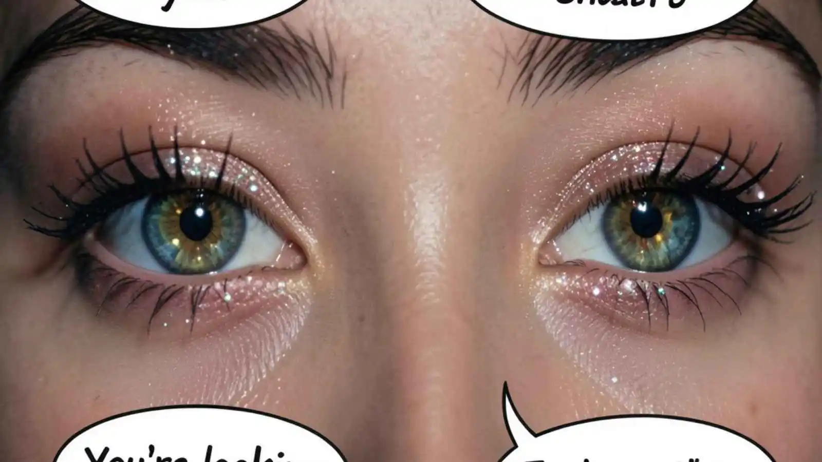 Striking close-up of eyes with hilarious original eye puns floating in speech bubbles.