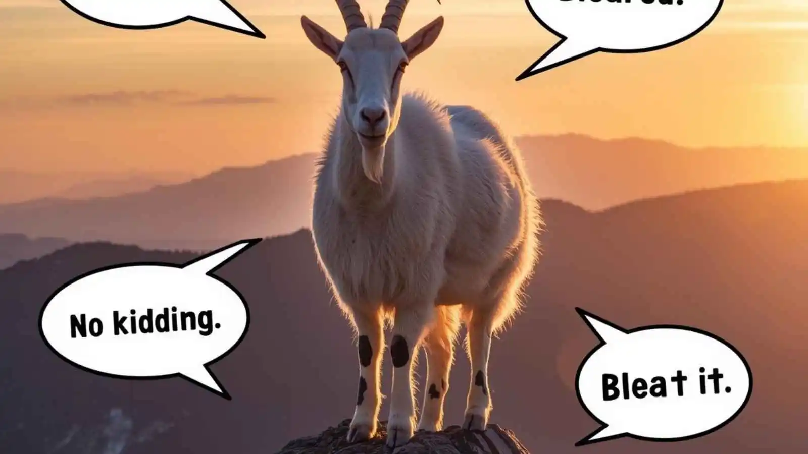 Proud mountain goat on a summit with hilarious original goat puns floating in speech bubbles.
