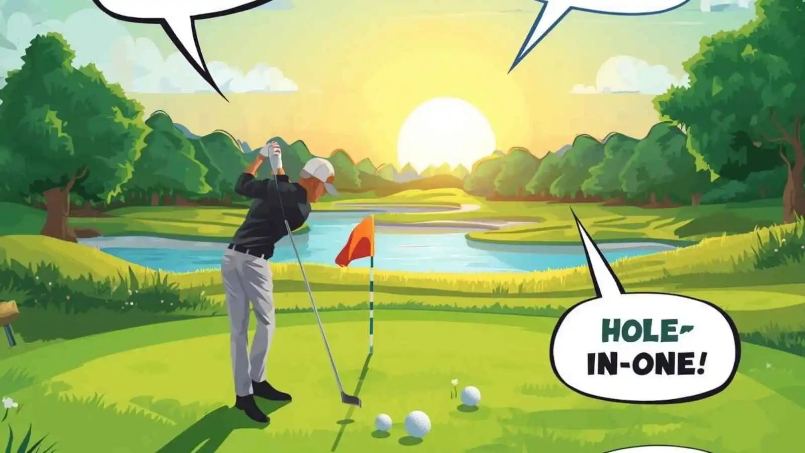 Golfer hitting a perfect drive with hilarious original golf puns floating in speech bubbles.