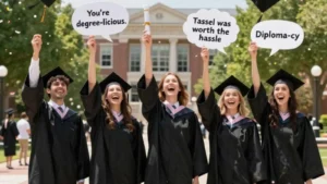 Graduates tossing caps with hilarious original puns floating in speech bubbles.