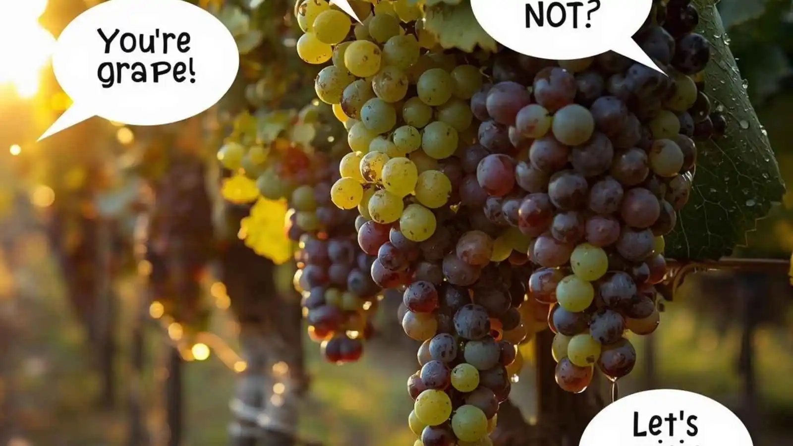 Ripe grape clusters on the vine with hilarious original puns floating in speech bubbles.