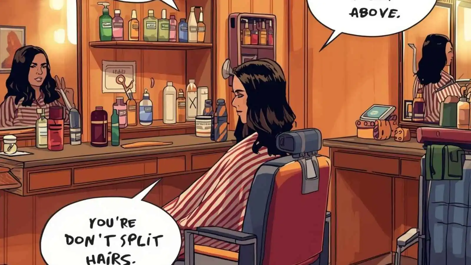Modern barber shop with fresh haircut in progress and funny hair puns floating in speech bubbles.