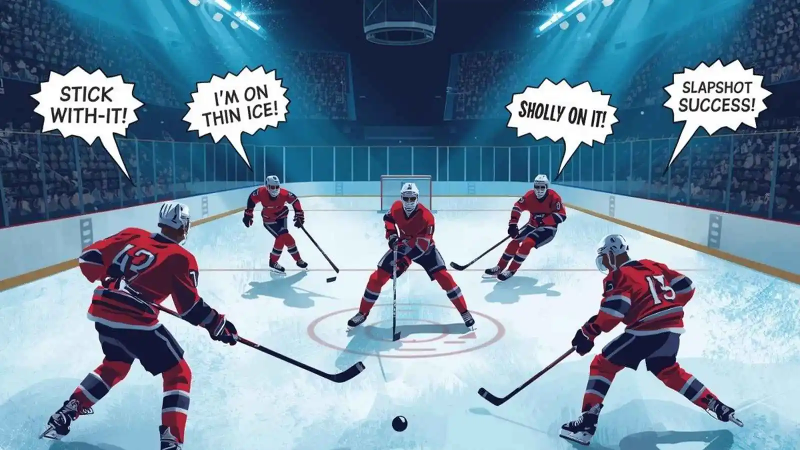 Intense hockey action on the ice with hilarious original puns floating in speech bubbles.