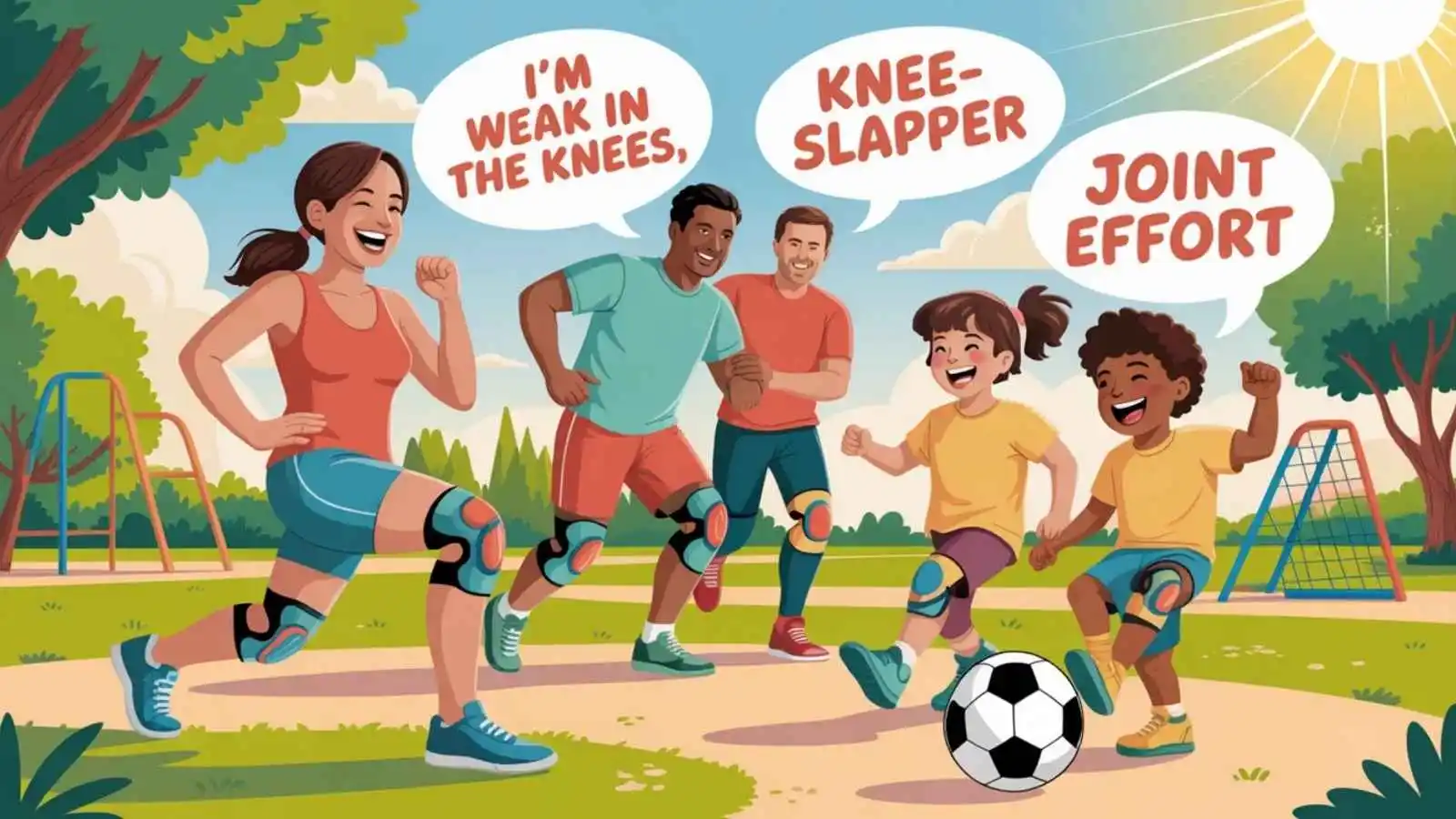 Happy people moving and exercising with funny knee puns floating in speech bubbles.