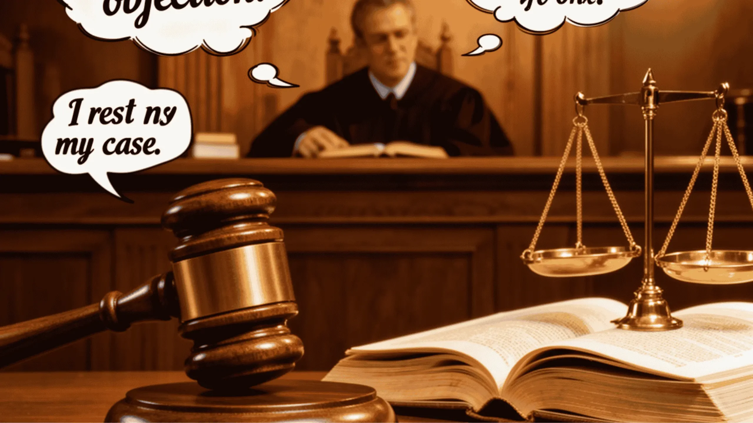 Courtroom gavel and law books with hilarious original law puns floating in speech bubbles.