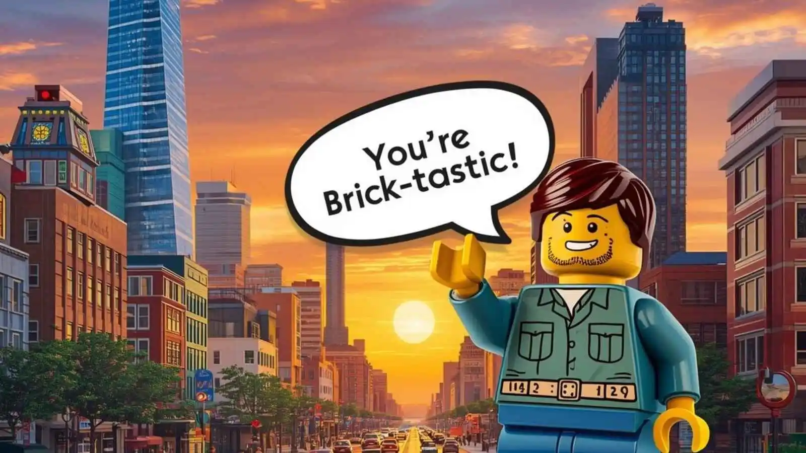 Vibrant Lego city built with bricks and minifigures, hilarious original puns floating in speech bubbles.