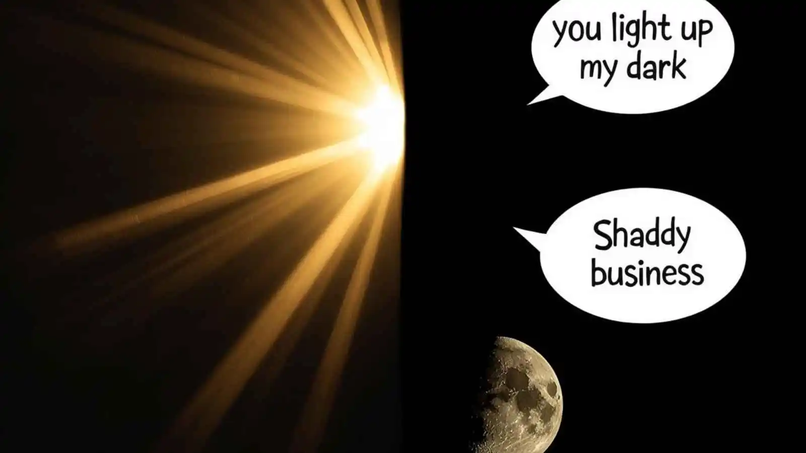 Split light and dark scene with hilarious original puns floating in speech bubbles.