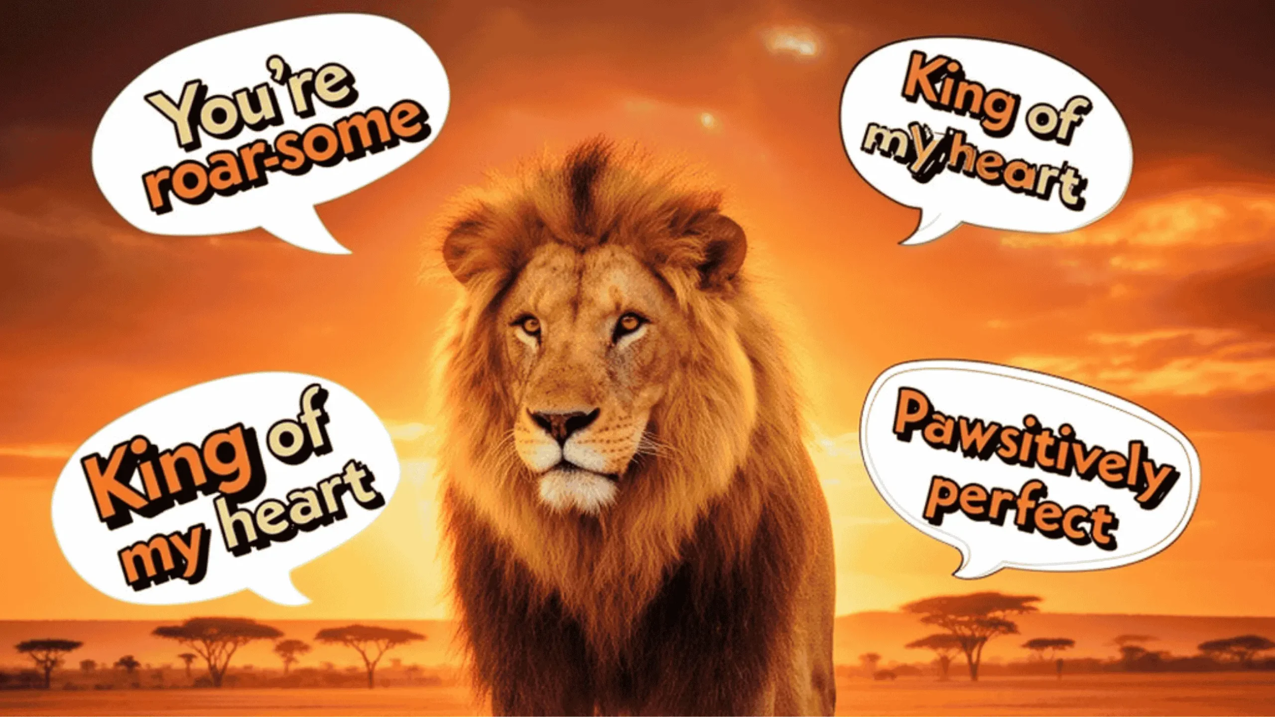 Proud lion with golden mane on a rock at sunset, with hilarious original puns floating in speech bubbles.