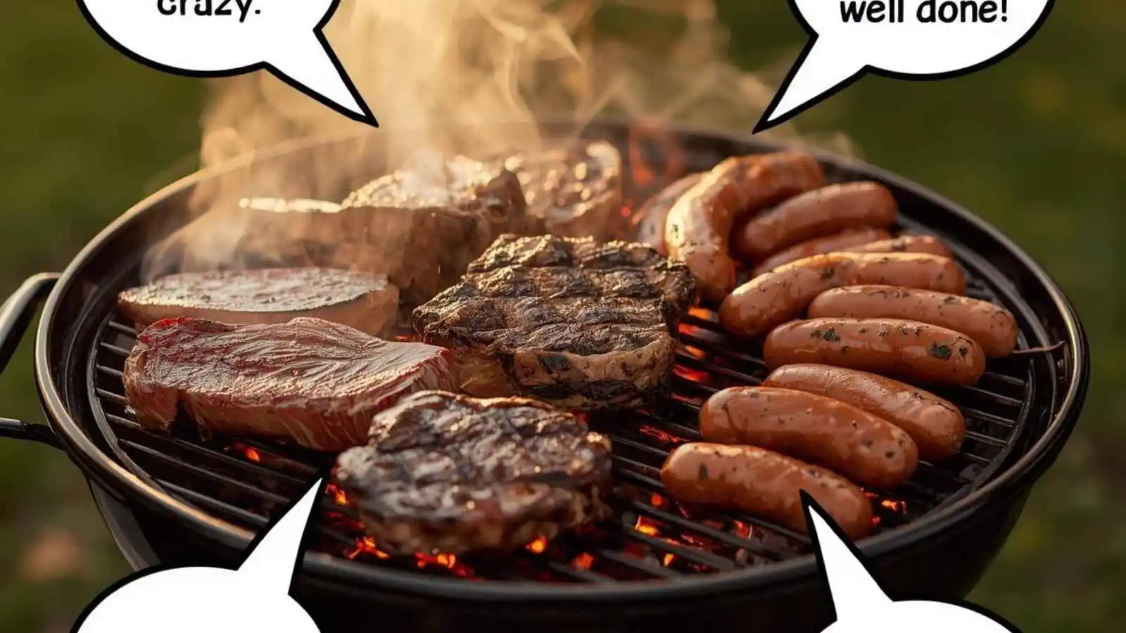 Sizzling grill with steaks, burgers and sausages + hilarious original meat puns floating in speech bubbles.
