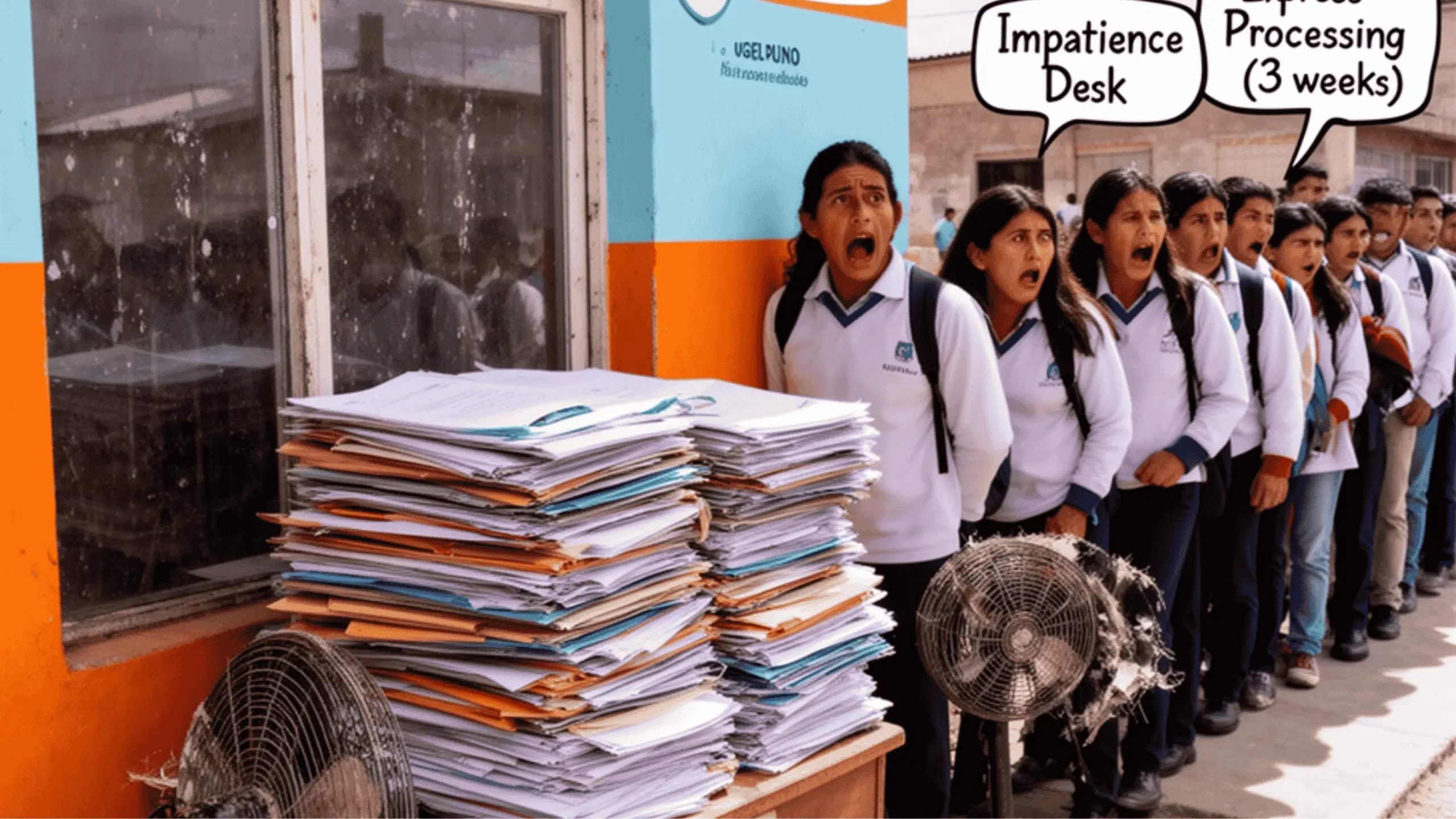 Mesa de partes UGEL Puno llena de docentes frustrados con puns originales flotando en globos de diálogo.