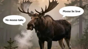 Majestic moose in misty forest with hilarious original puns floating in speech bubbles.