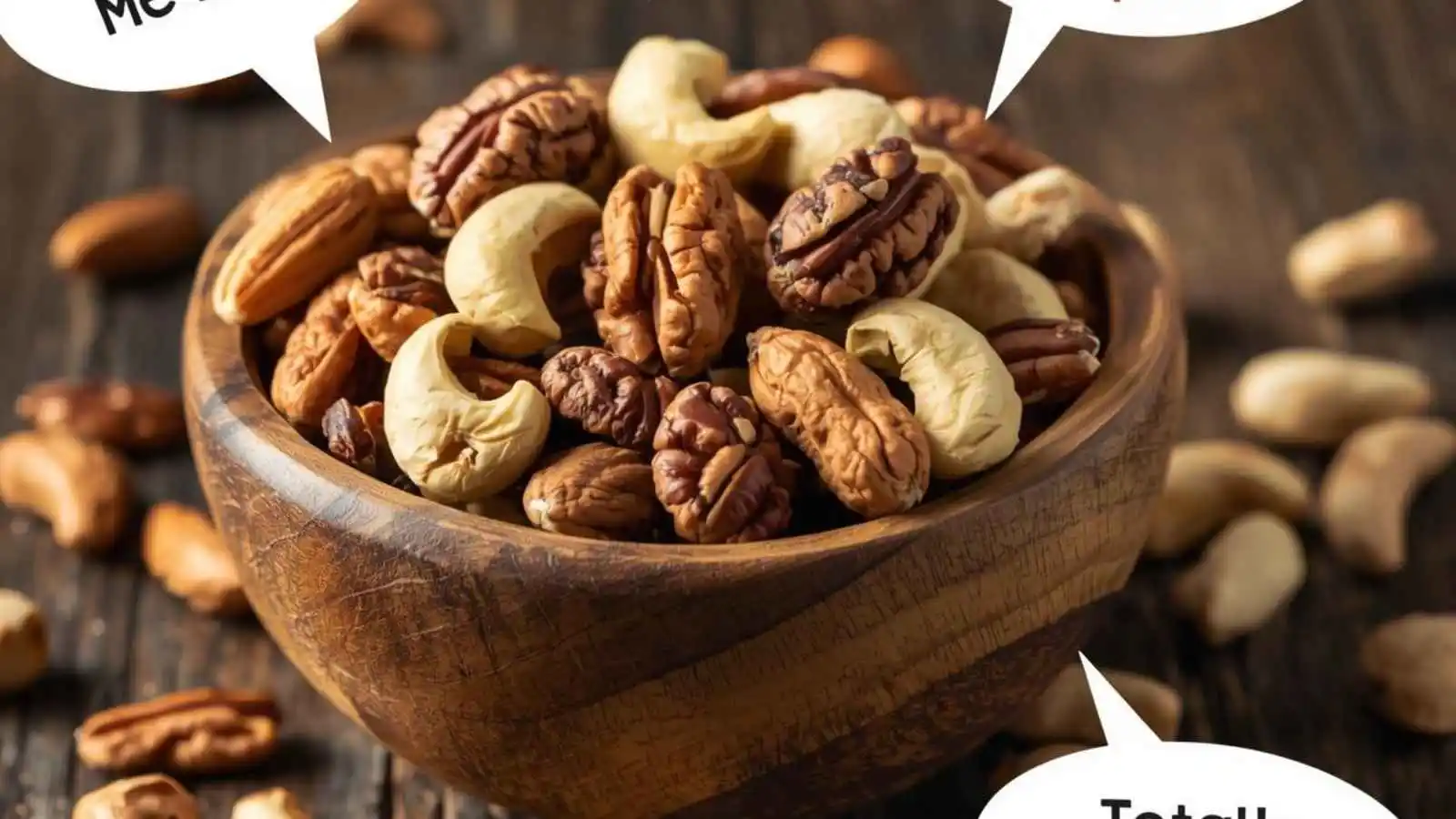 Bowl of mixed nuts with shells and hilarious original puns floating in speech bubbles.