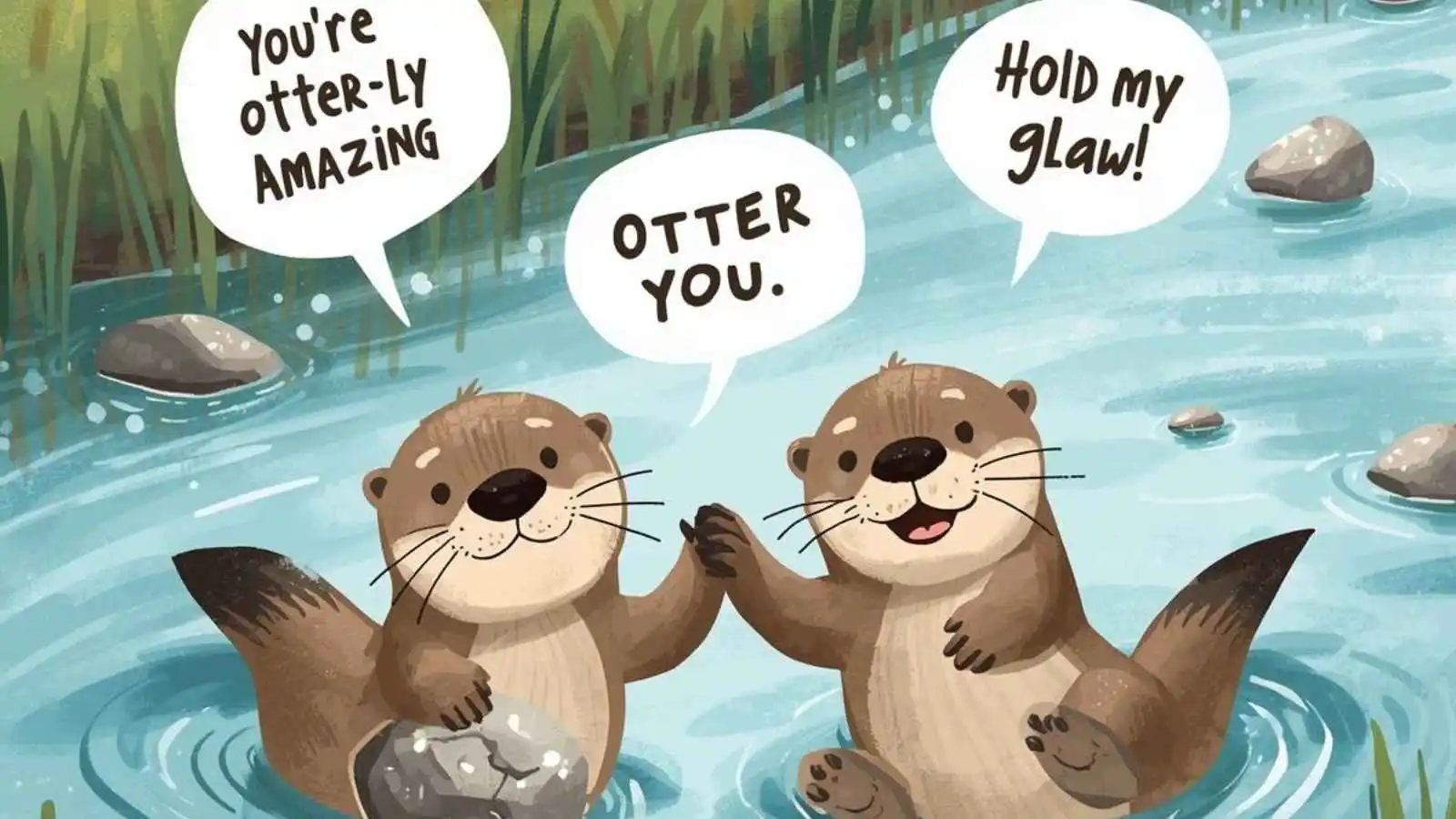 Cute otters floating together holding hands and rocks with hilarious original puns floating in speech bubbles.