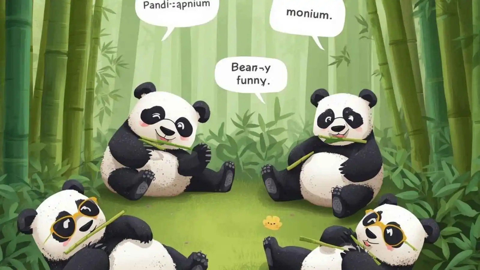 Cute pandas chewing bamboo with hilarious original puns floating in speech bubbles.