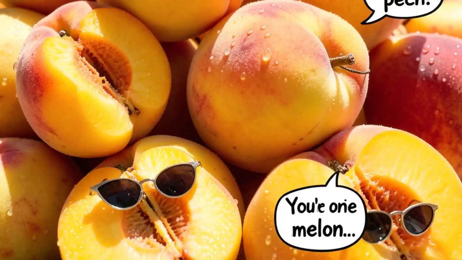 Juicy fresh peaches with dew drops and hilarious original puns floating in speech bubbles.