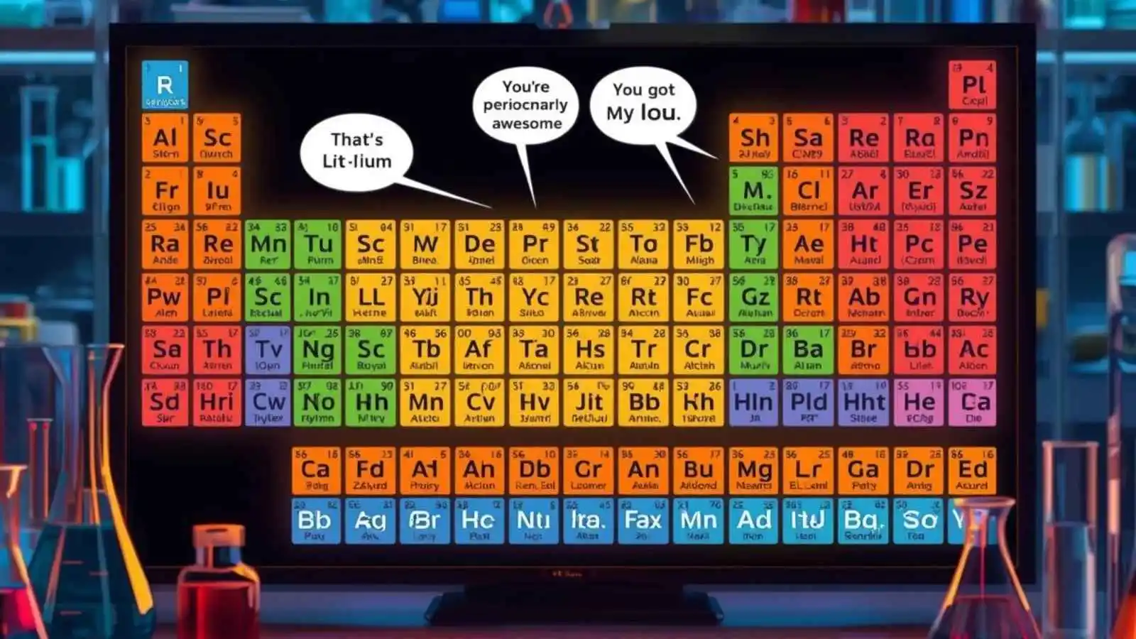 Glowing periodic table with hilarious original puns floating in speech bubbles.