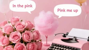 Pastel pink roses, sweets and balloons with hilarious original puns floating in speech bubbles.