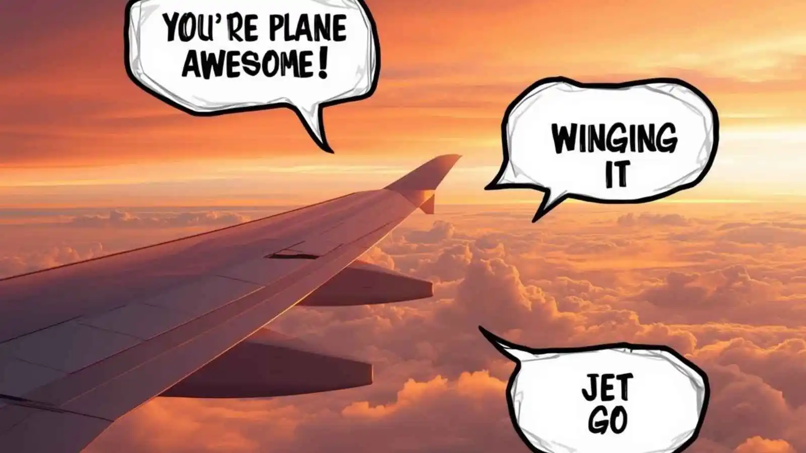 Beautiful airplane flying through sunrise clouds with funny original plane puns floating in speech bubbles.