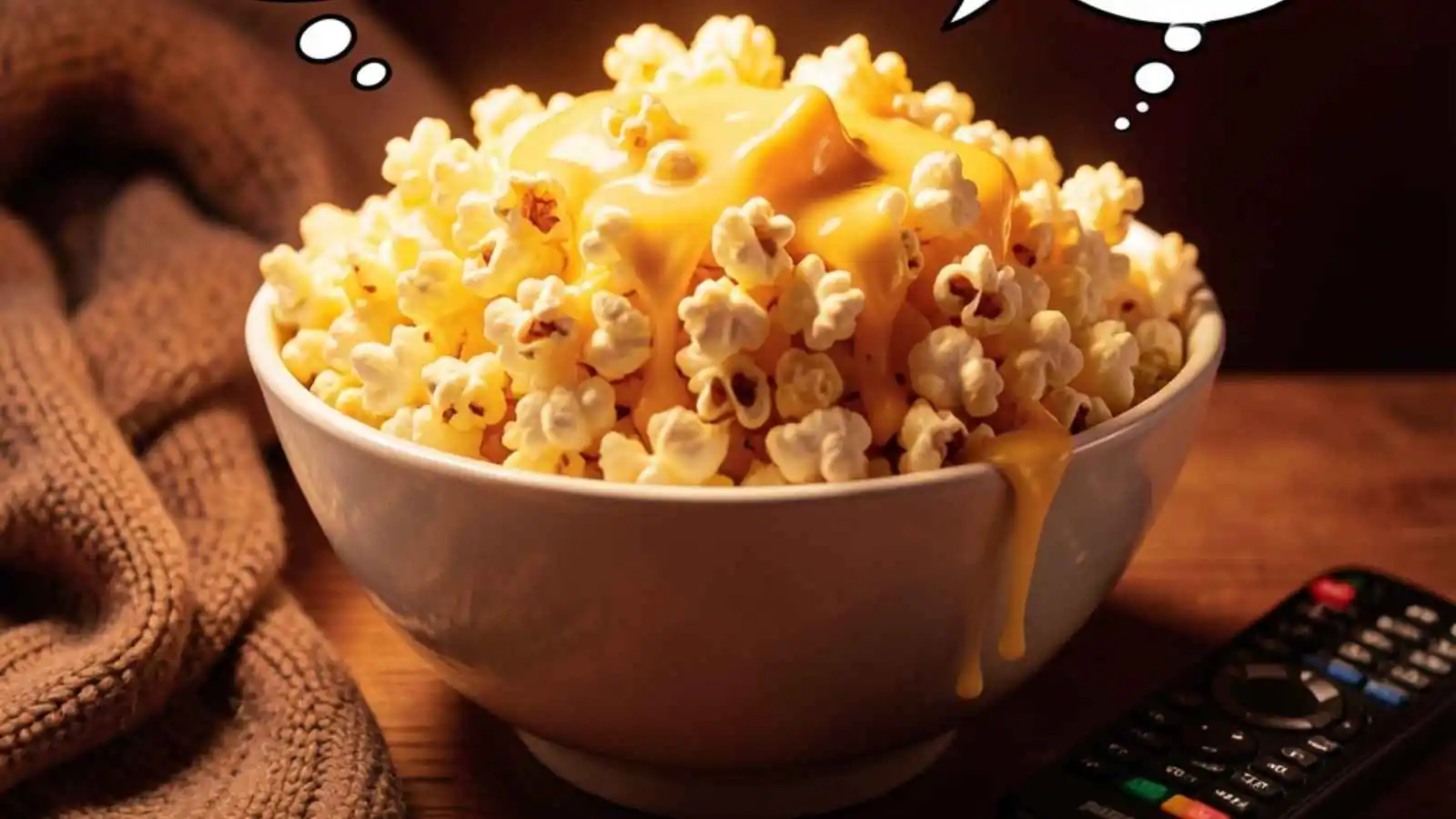 Massive bowl of buttery popcorn with hilarious original puns floating in speech bubbles.