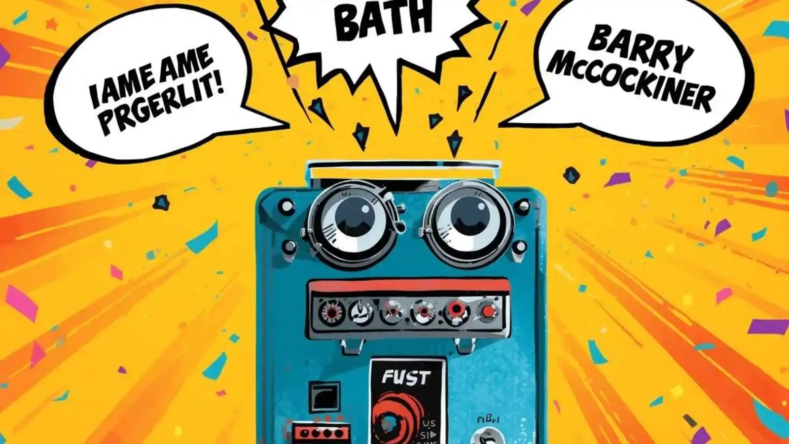 Funny pun name generator machine with creative pun names bursting out in speech bubbles.