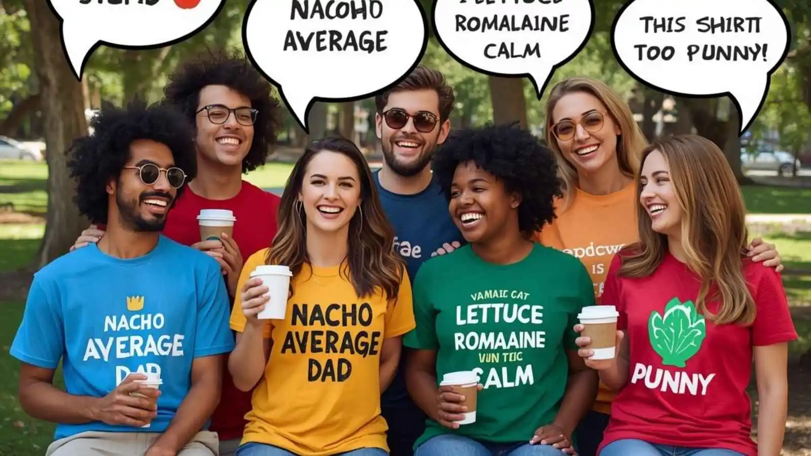 Group of friends laughing in pun-printed T-shirts with hilarious slogans visible.