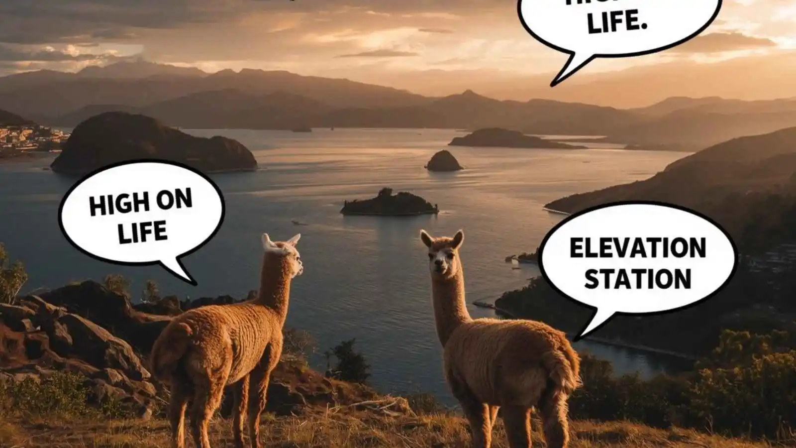 Stunning high-altitude sunrise view over Lake Titicaca from Puno with hilarious original puns floating in speech bubbles.