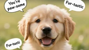 Super cute golden retriever puppy with hilarious original puns floating in speech bubbles.