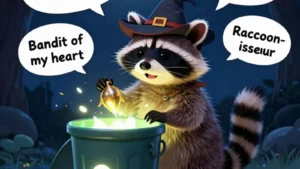 Cheeky raccoon raiding a trash can with hilarious original puns floating in speech bubbles.