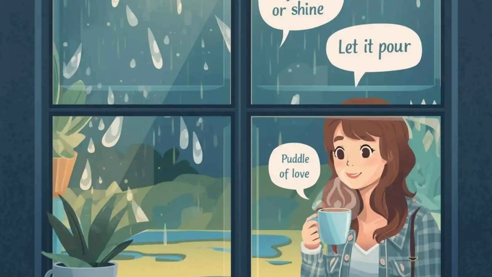 Rainy window scene with steaming mug and hilarious original rain puns floating in speech bubbles.