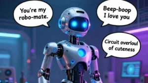 Shiny futuristic robot with glowing eyes and hilarious original puns floating in speech bubbles.