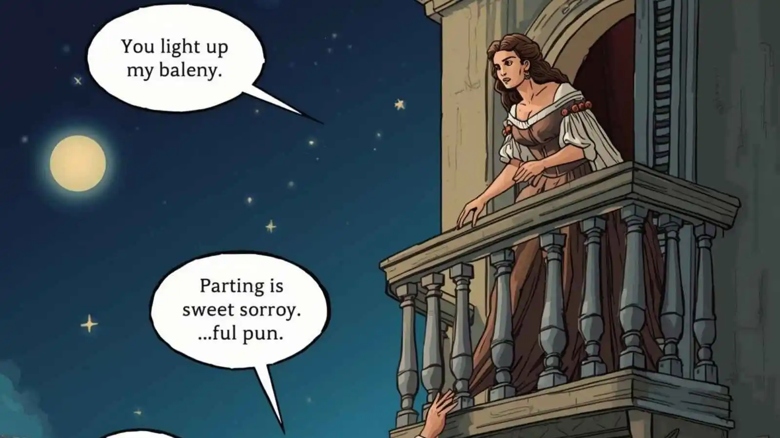 Romantic balcony scene from Romeo and Juliet with hilarious original puns floating in speech bubbles.