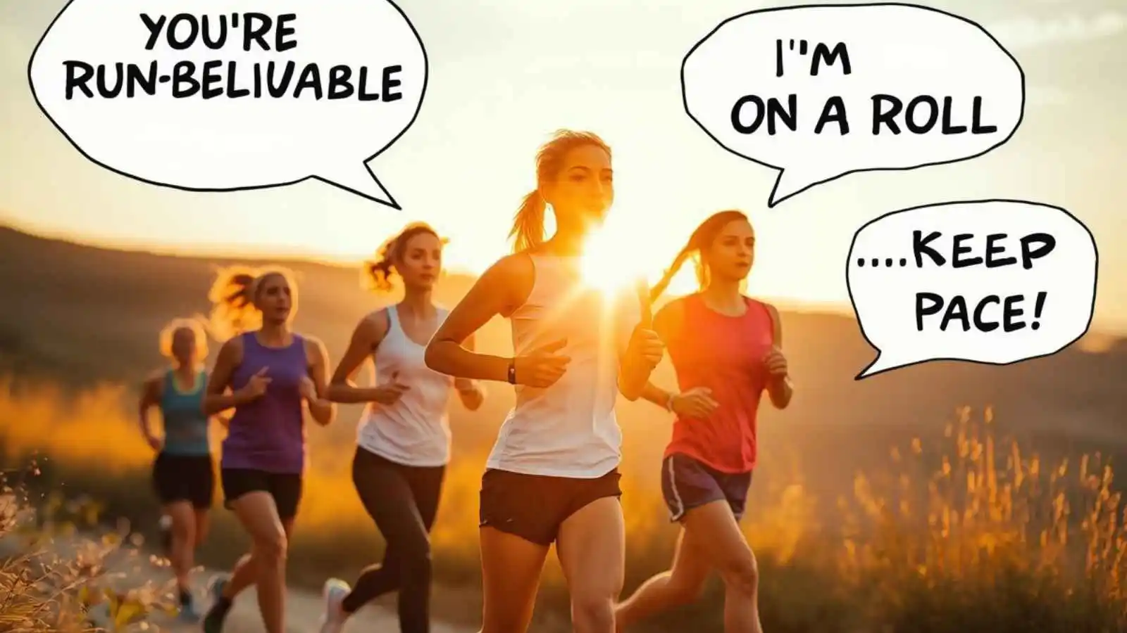 Energetic runners on a trail at sunrise with hilarious original running puns floating in speech bubbles.