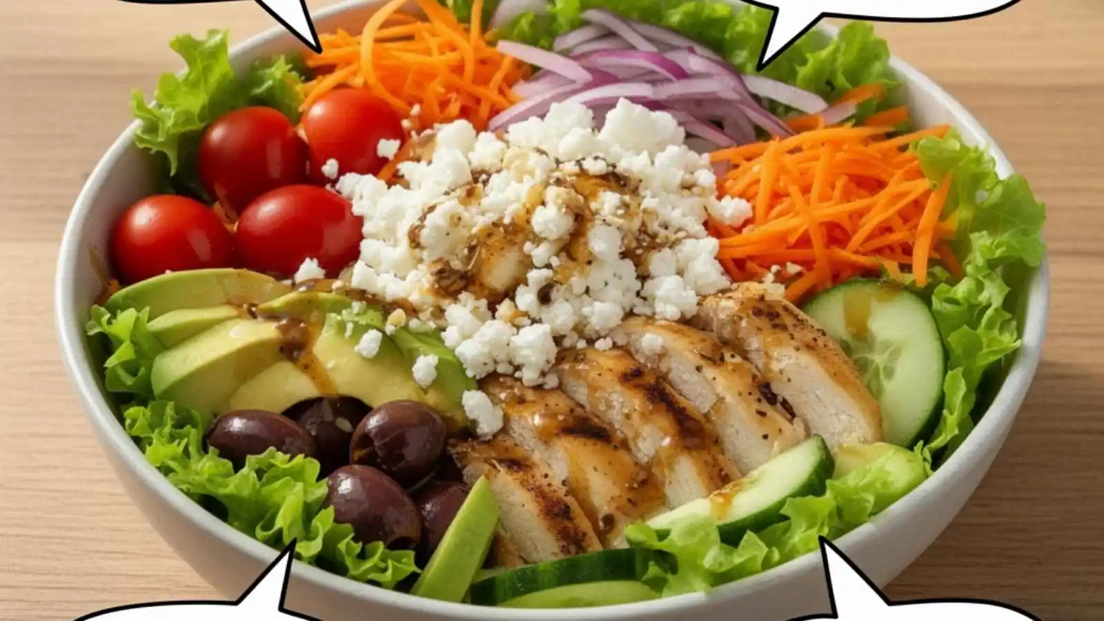 Beautiful fresh salad bowl with hilarious original puns floating in speech bubbles.