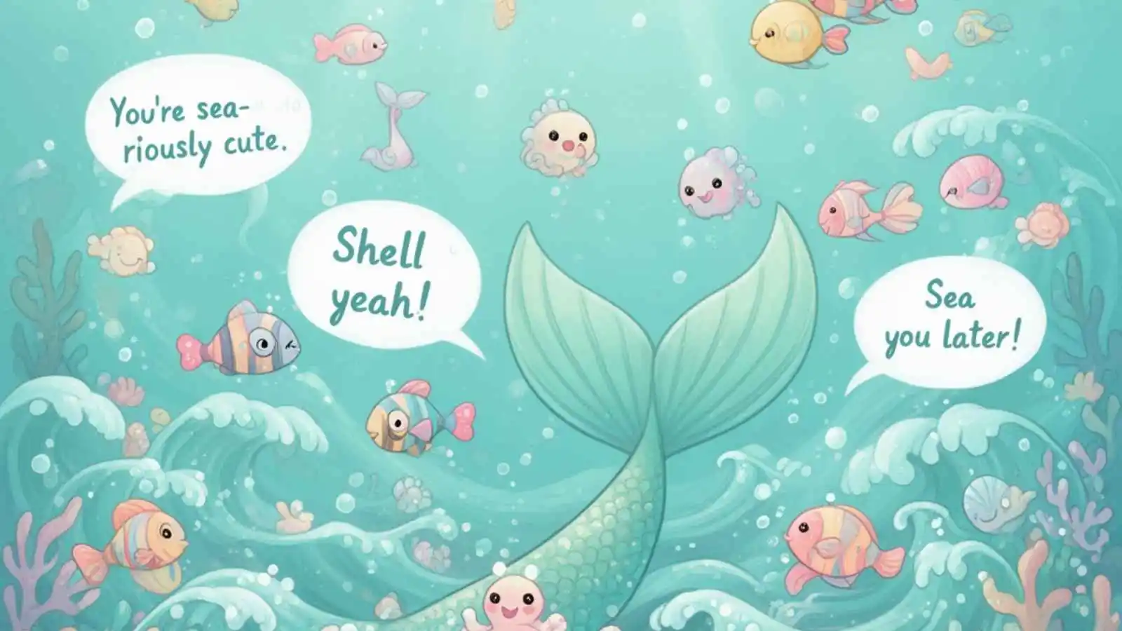 Adorable sea creatures and mermaid tail with cute original puns floating in speech bubbles.