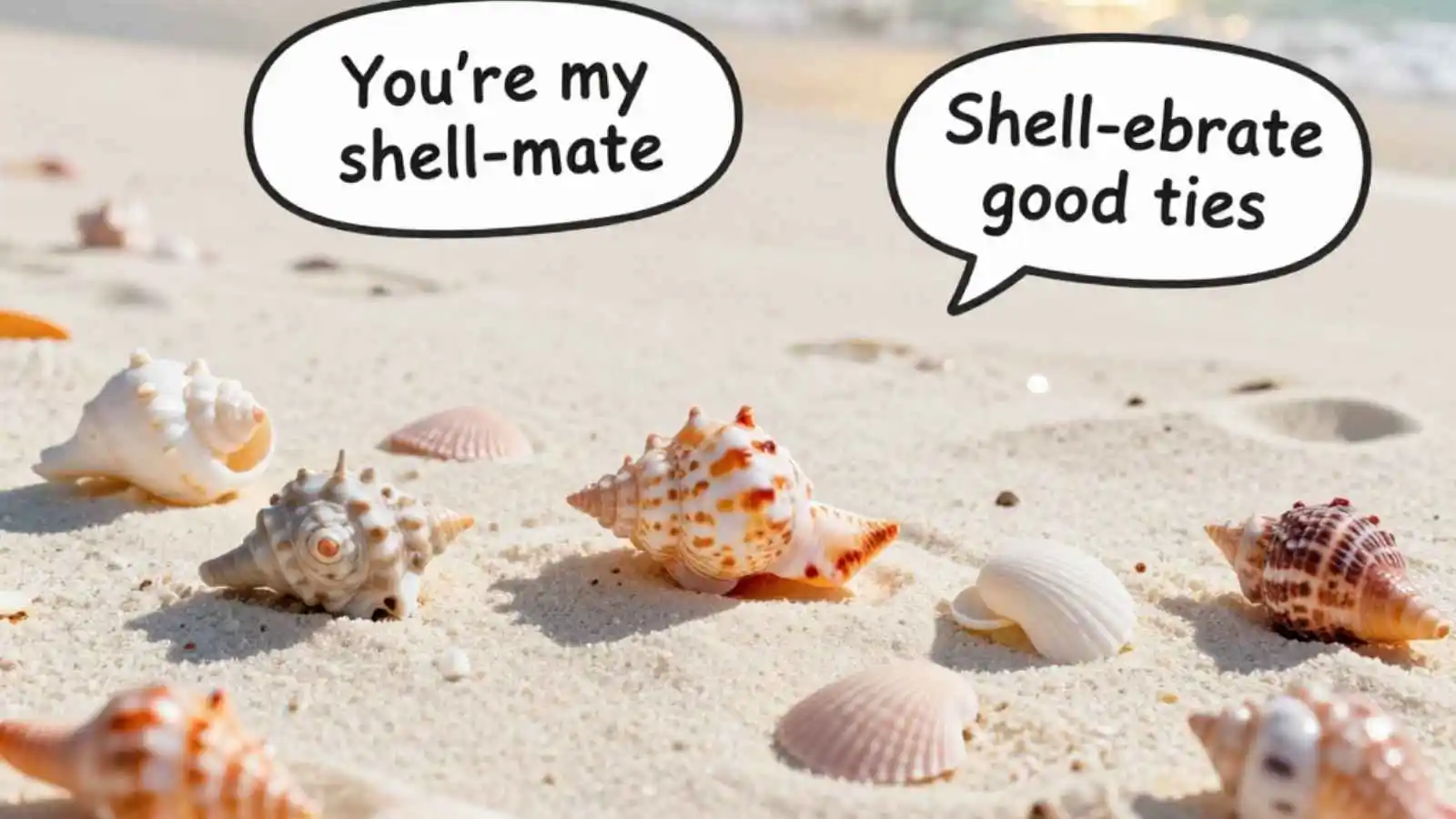 Beautiful seashells on a sandy beach with hilarious original puns floating in speech bubbles.