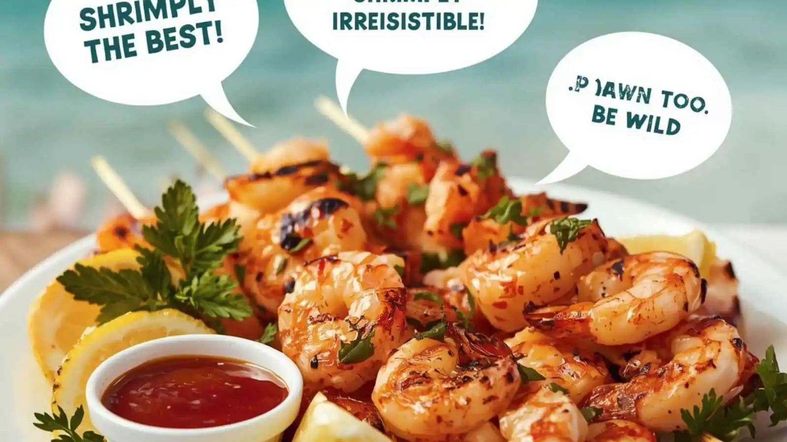 Platter of juicy grilled shrimp with lemon and sauce + hilarious original puns floating in speech bubbles.