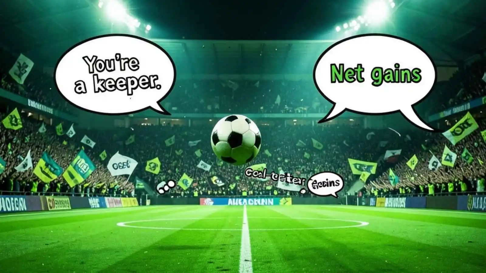 Soccer ball flying toward goal with hilarious original puns floating in speech bubbles.