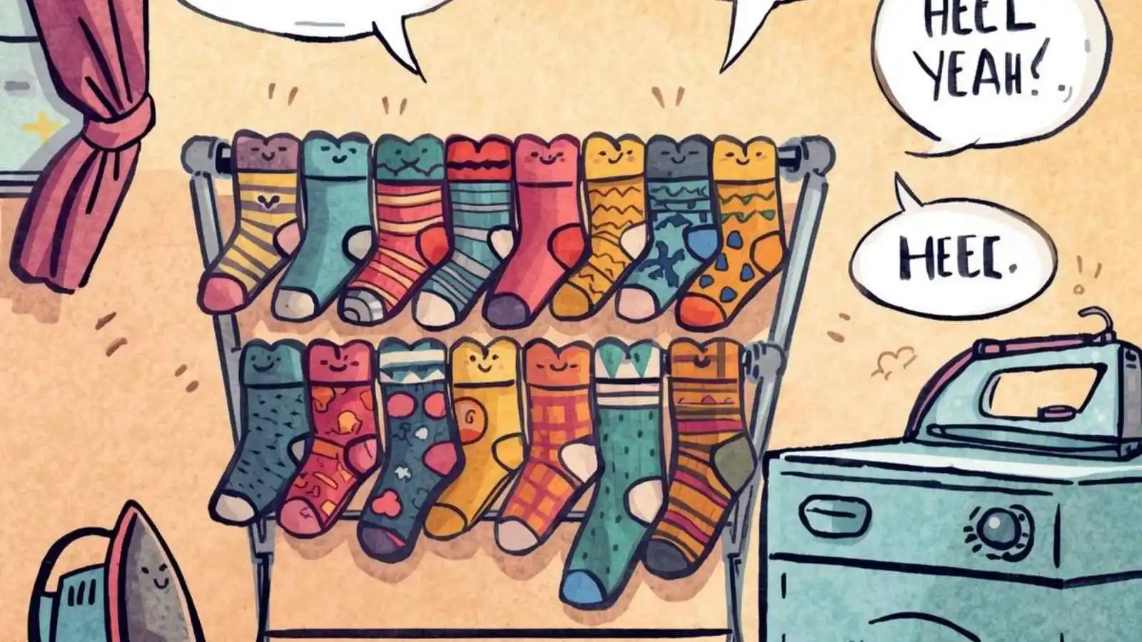 Colorful socks hanging with hilarious original puns floating in speech bubbles.