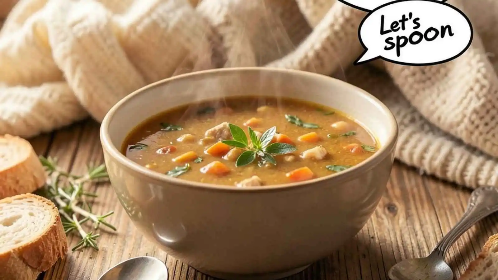 Steaming bowl of soup with fresh bread and hilarious original puns floating in speech bubbles.