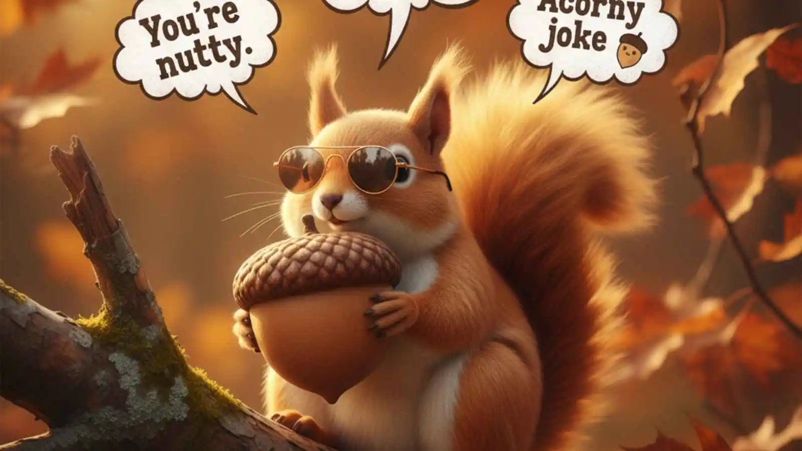 Adorable squirrel with acorn and funny squirrel puns floating in speech bubbles.