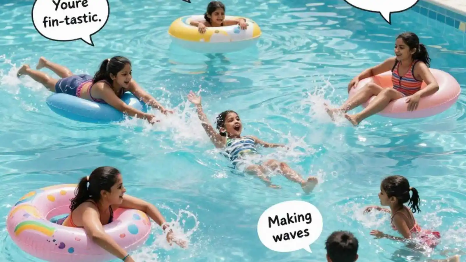 Joyful people swimming and splashing in a pool with hilarious original puns floating in speech bubbles.