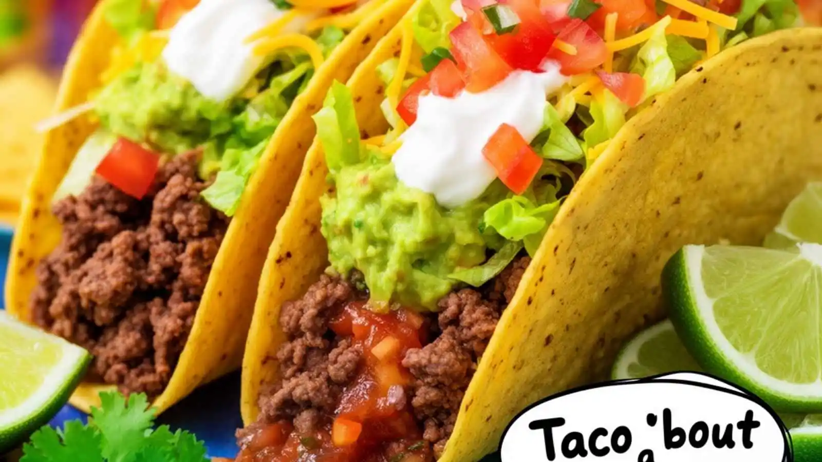 Juicy loaded taco with fresh toppings and hilarious original puns floating in speech bubbles.