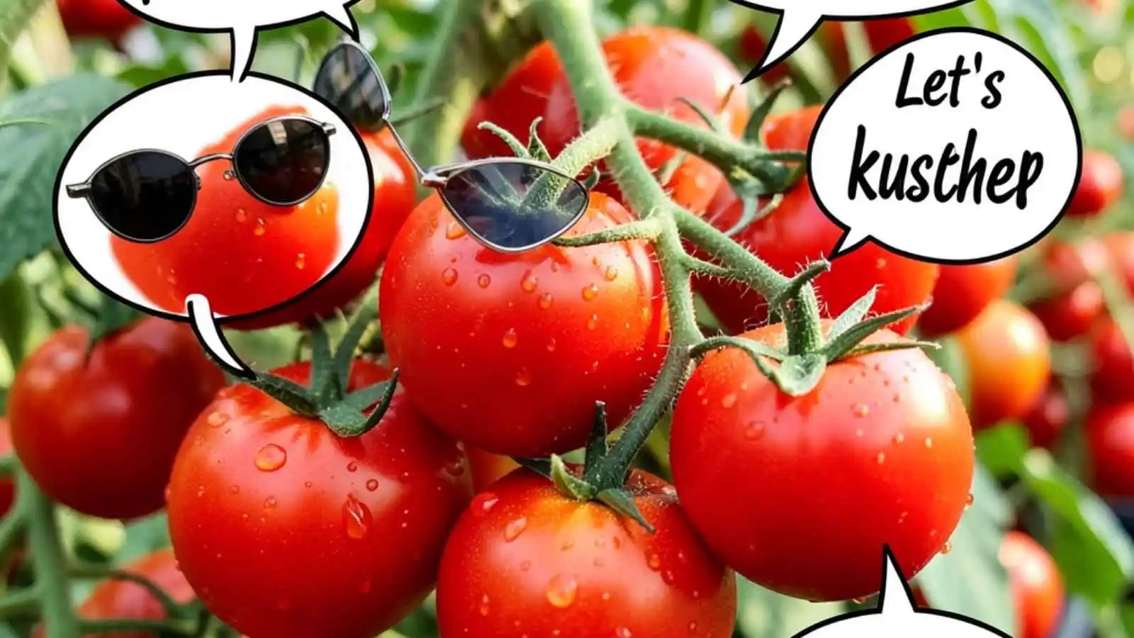 Shiny red tomatoes on the vine with hilarious original puns floating in speech bubbles.