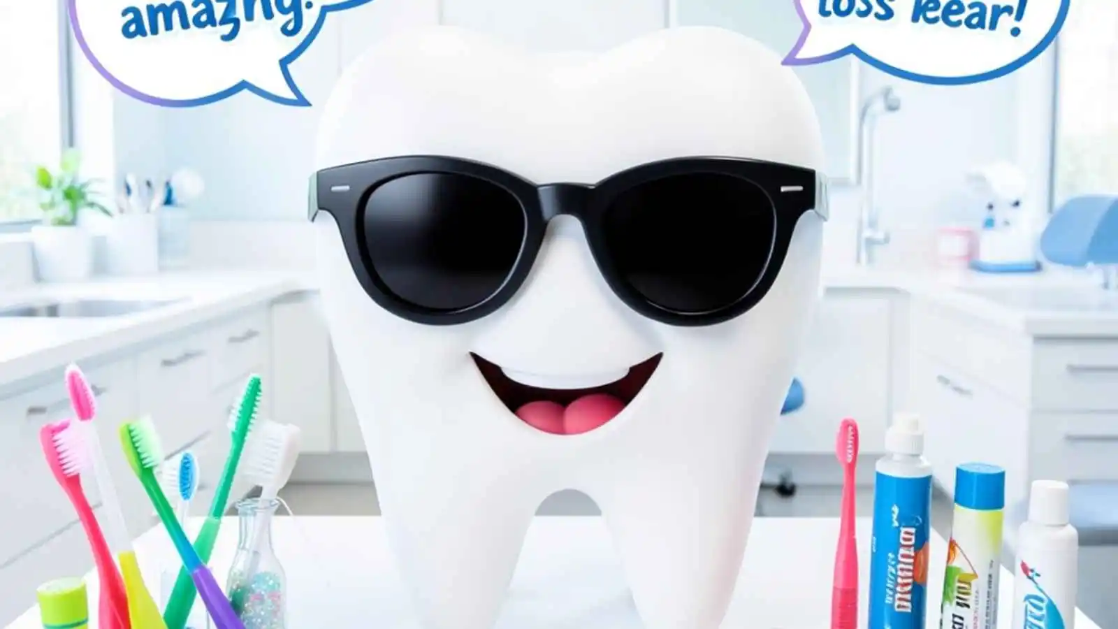 Big smiling cartoon tooth surrounded by dental products with hilarious original puns floating in speech bubbles.