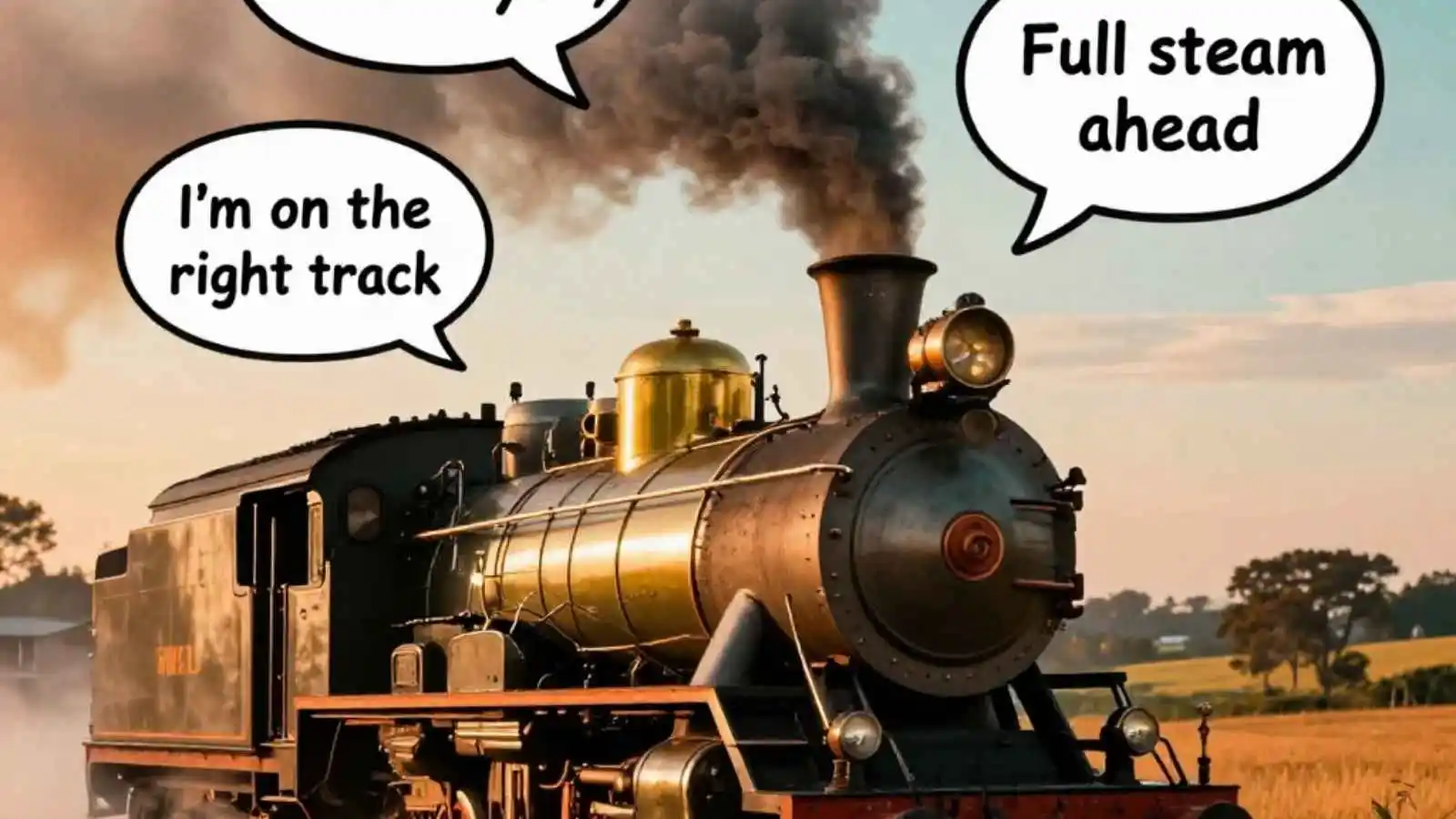 Classic steam train speeding along tracks with funny original train puns floating in speech bubbles.